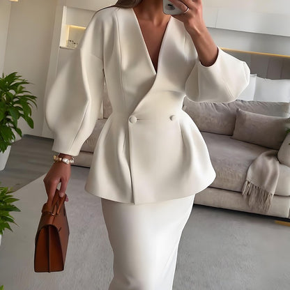 Button Detail Bubble Sleeve Dress Suit