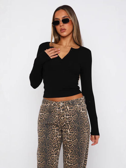 Button Detail V-Neck Long Sleeve T-Shirt