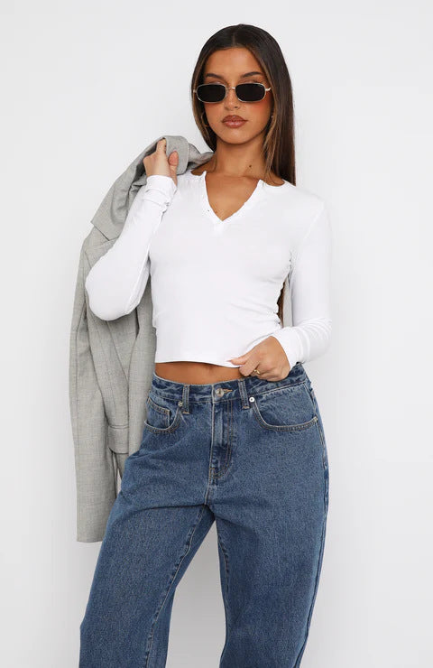 Button Detail V-Neck Long Sleeve T-Shirt