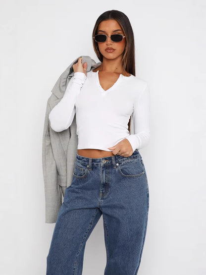 Button Detail V-Neck Long Sleeve T-Shirt