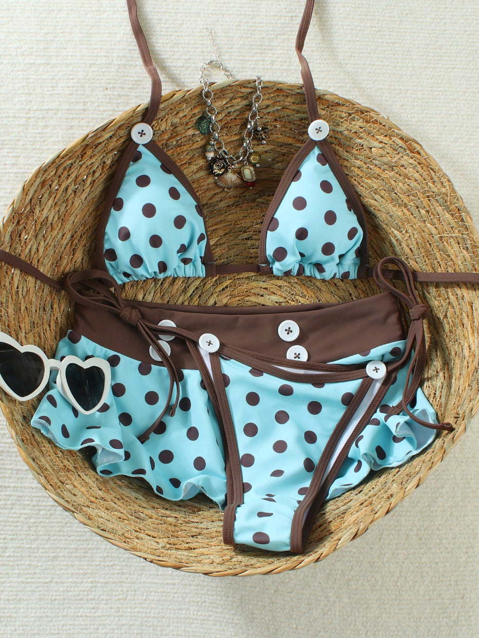 Button Front Polka Dot Bikini Swimsuit