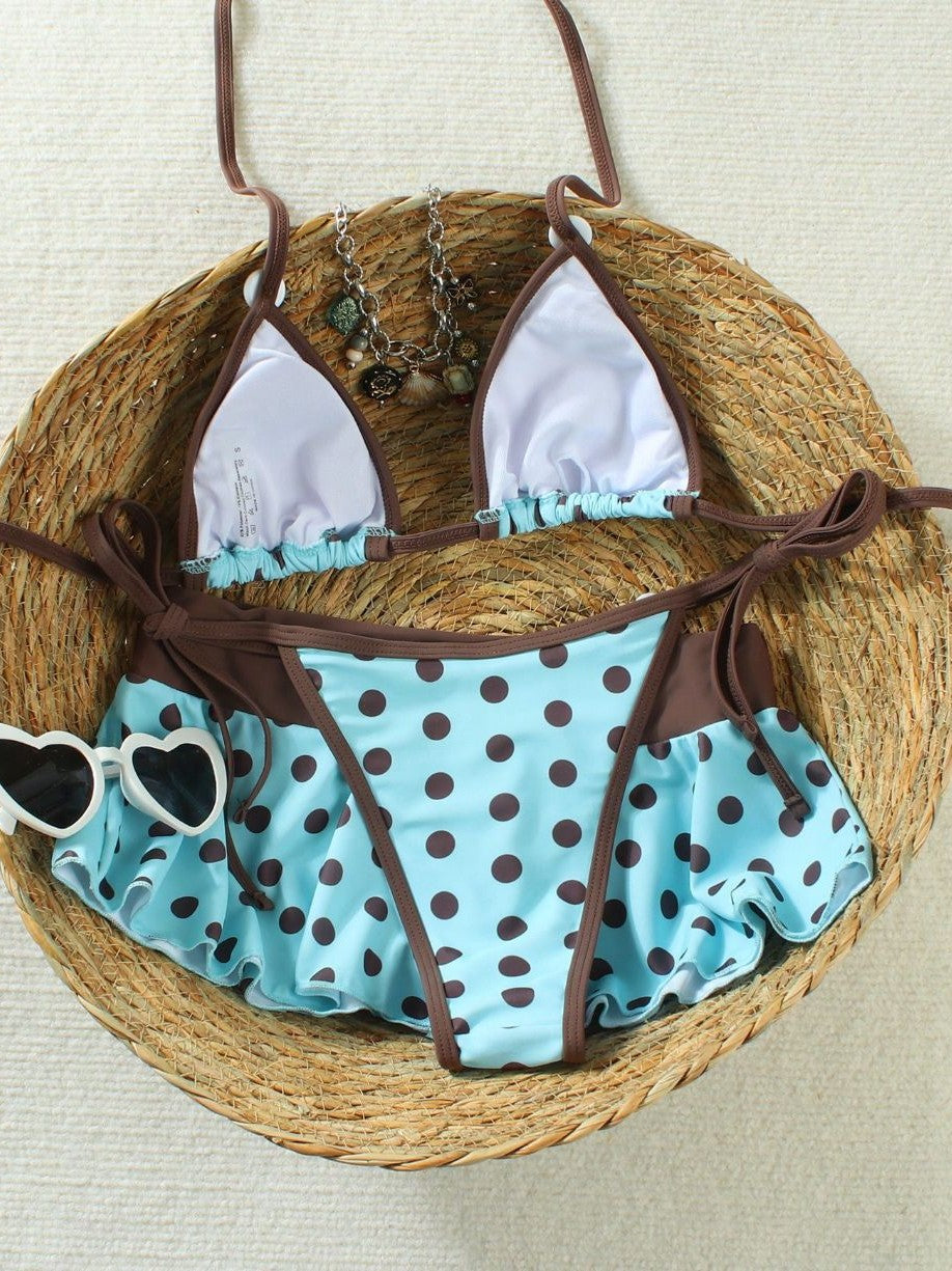 Button Front Polka Dot Bikini Swimsuit