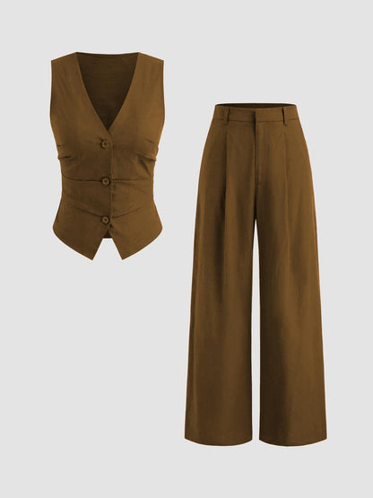 Button vests and mid-waist pocket wide-leg pants