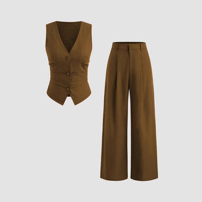 Button vests and mid-waist pocket wide-leg pants