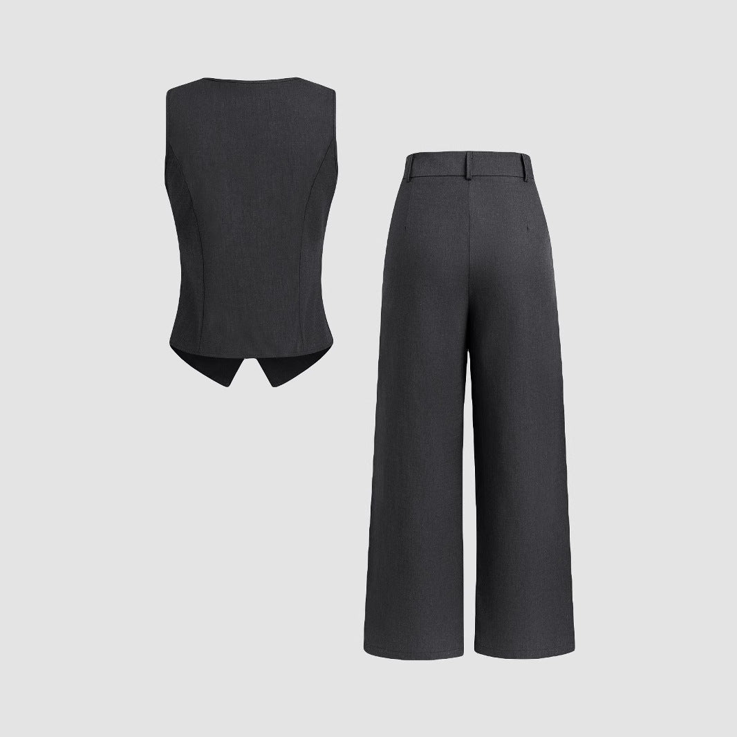Button vests and mid-waist pocket wide-leg pants