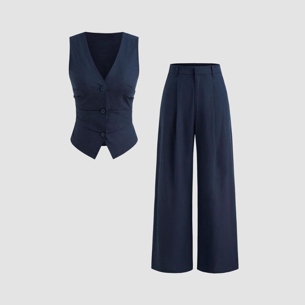 Button vests and mid-waist pocket wide-leg pants