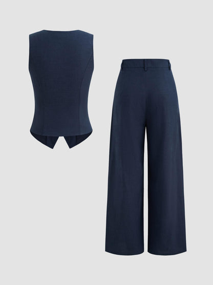 Button vests and mid-waist pocket wide-leg pants