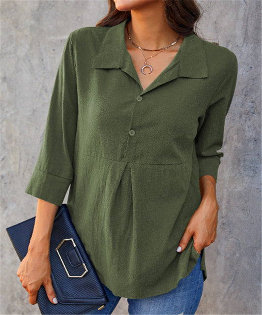 Solid-Color Peplum Women's Shirt – Lapel-Neck and Slit Detail
