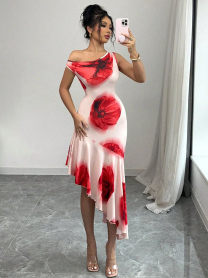 Elegant Figure Flattering Asymmetrical Dress Hibiscus Print