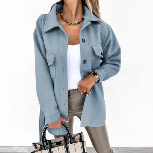 Buy Stylish Solid-Color Lapel Wool Coat With Button & Tie Details
