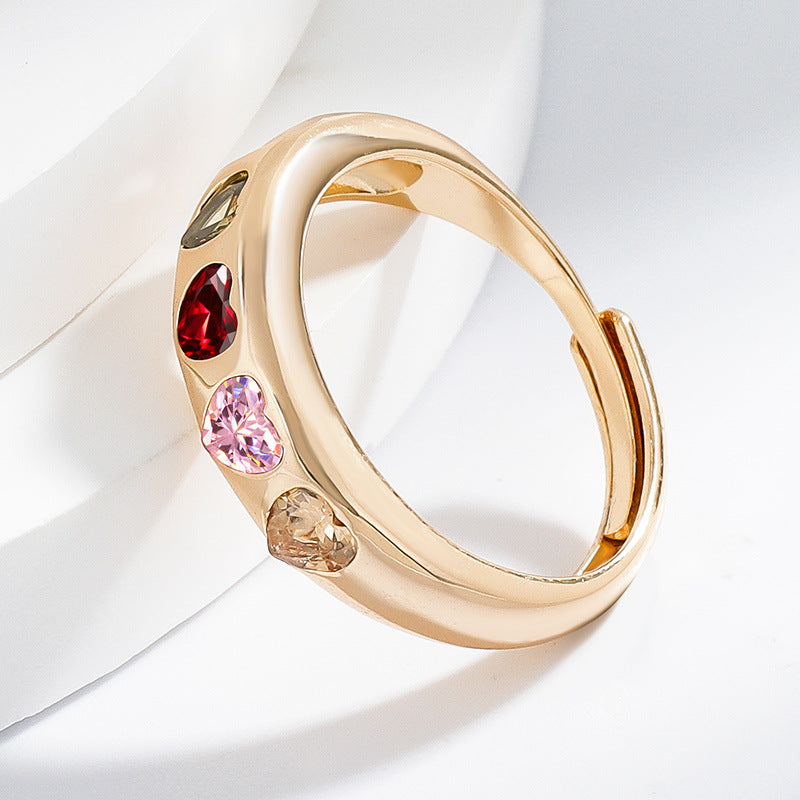 Fashionable Heart-Shaped Zircon Copper-Inlaid Ring Accessory