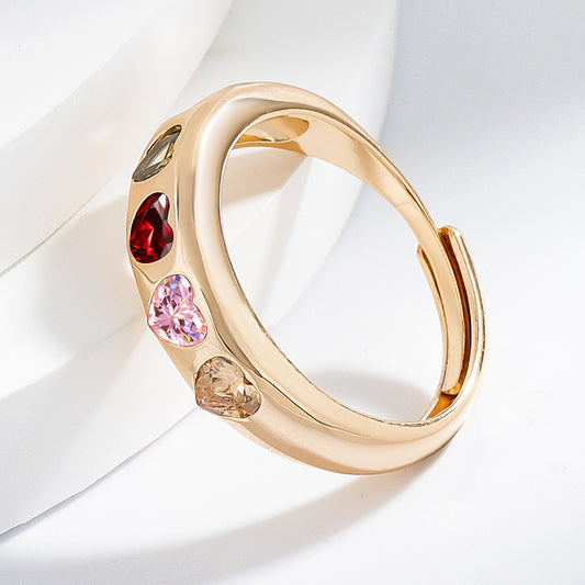 Fashionable Heart-Shaped Zircon Copper-Inlaid Ring Accessory