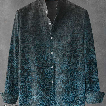 Mens Stand Up Collar Long Sleeve Shirt With Irregular Striped 3D.