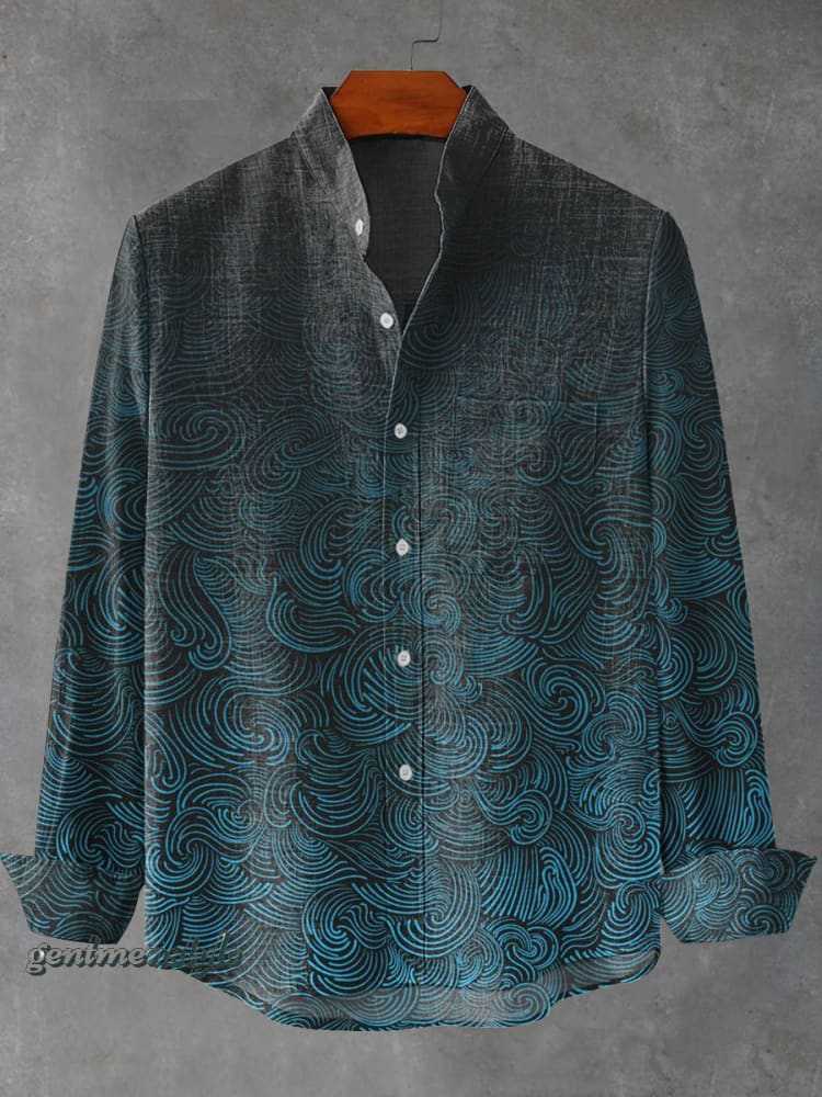 Mens Stand Up Collar Long Sleeve Shirt With Irregular Striped 3D.