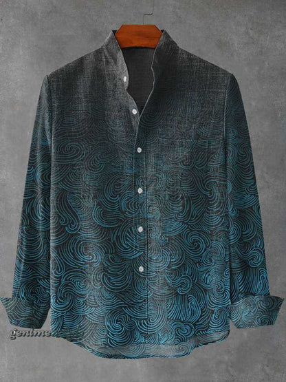 Mens Stand Up Collar Long Sleeve Shirt With Irregular Striped 3D.