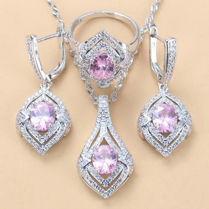 Gem-inlaid Pendant Earrings Necklace Ring Set – Perfect for Ladies