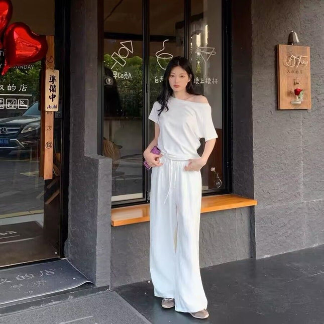 White Drawstring Wide-Leg Pants Pendulous Style for Girls