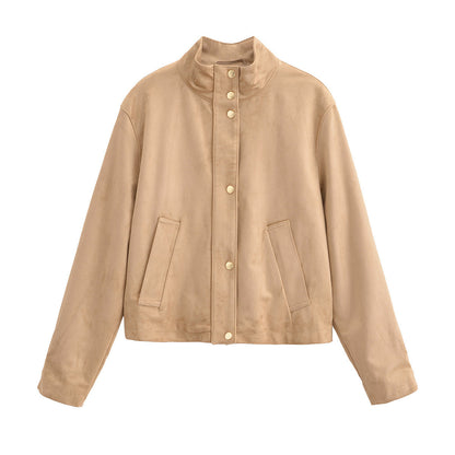 Buy Women’s Casual Stand-Collar Suede-Fleece Long-Sleeve Jacket