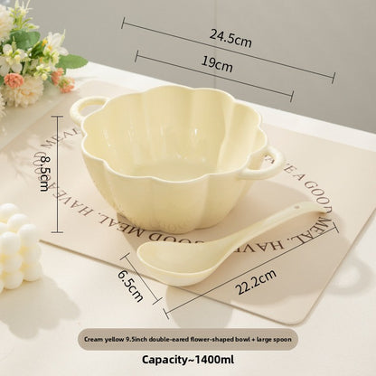 Double Eared Ceramic Soup Bowl with Floral Design
