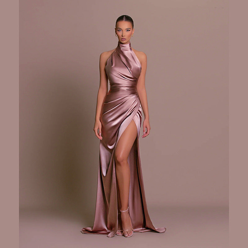 Elegant Stand-Up Collar Halter Slit Slim Long Dress for Women