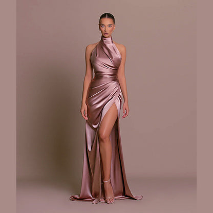 Elegant Stand-Up Collar Halter Slit Slim Long Dress for Women