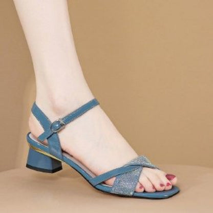 Women’s Rhinestone Chunky-Heel Sandals with Buckle Strap.