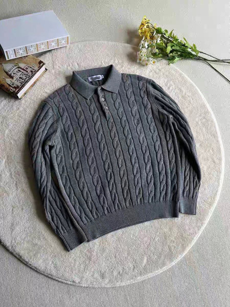 Cable Knit Polo Collar Long Sleeve Shirt