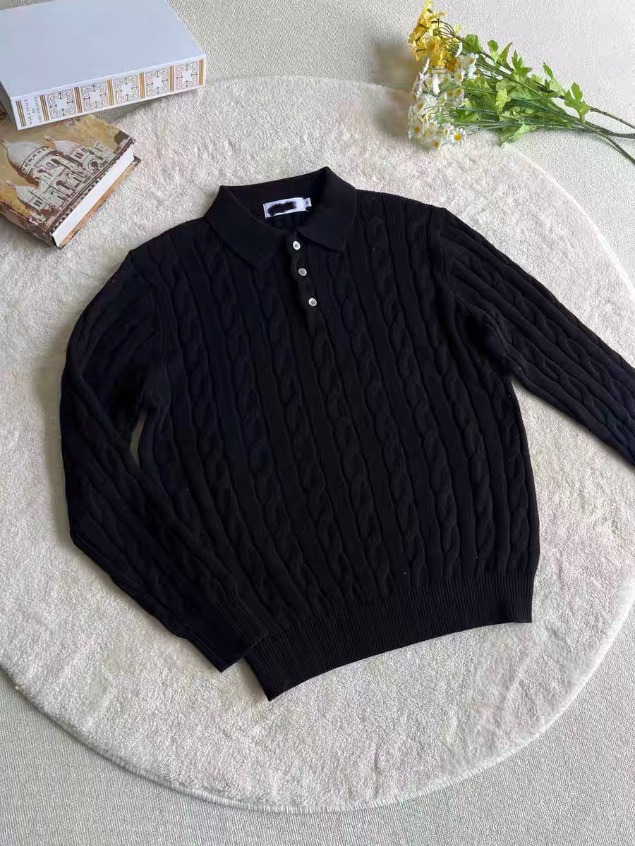 Cable Knit Polo Collar Long Sleeve Shirt