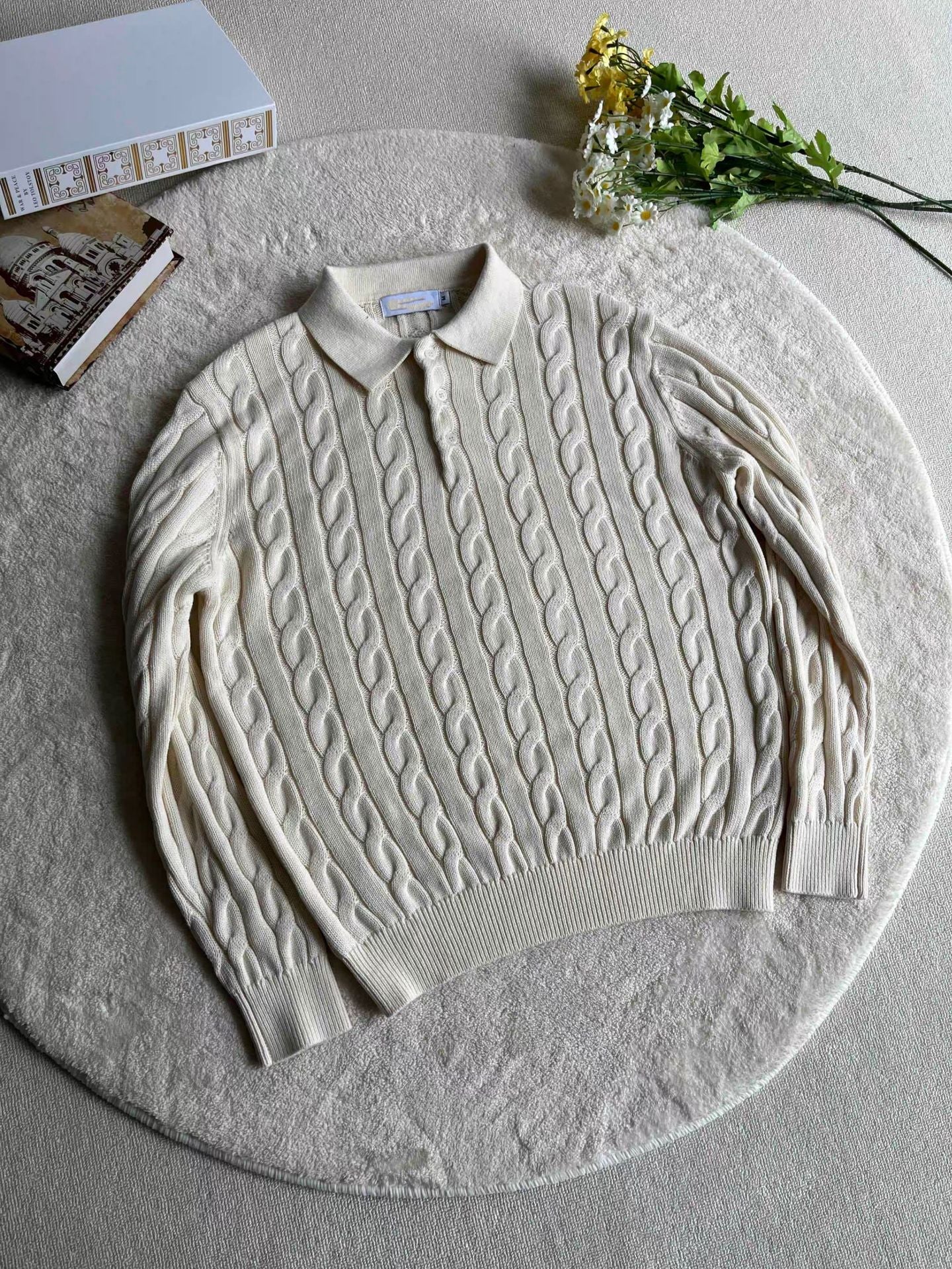 Cable Knit Polo Collar Long Sleeve Shirt