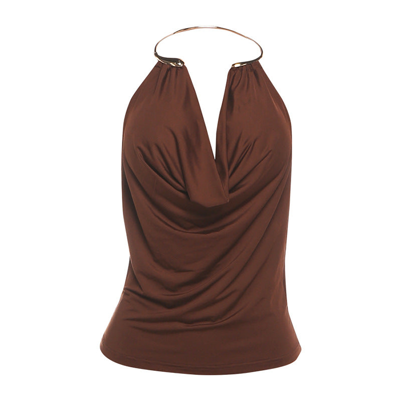 Stylish Solid-Color Low-Cut Metal Halter Bodycon Tank Top