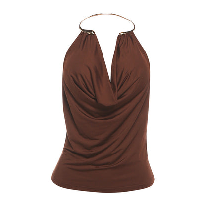 Stylish Solid-Color Low-Cut Metal Halter Bodycon Tank Top