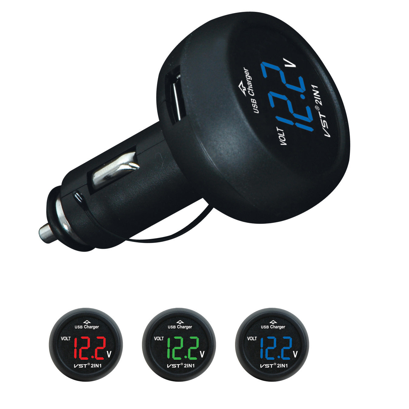 Car USB Charger with Voltage Meter and Thermometer