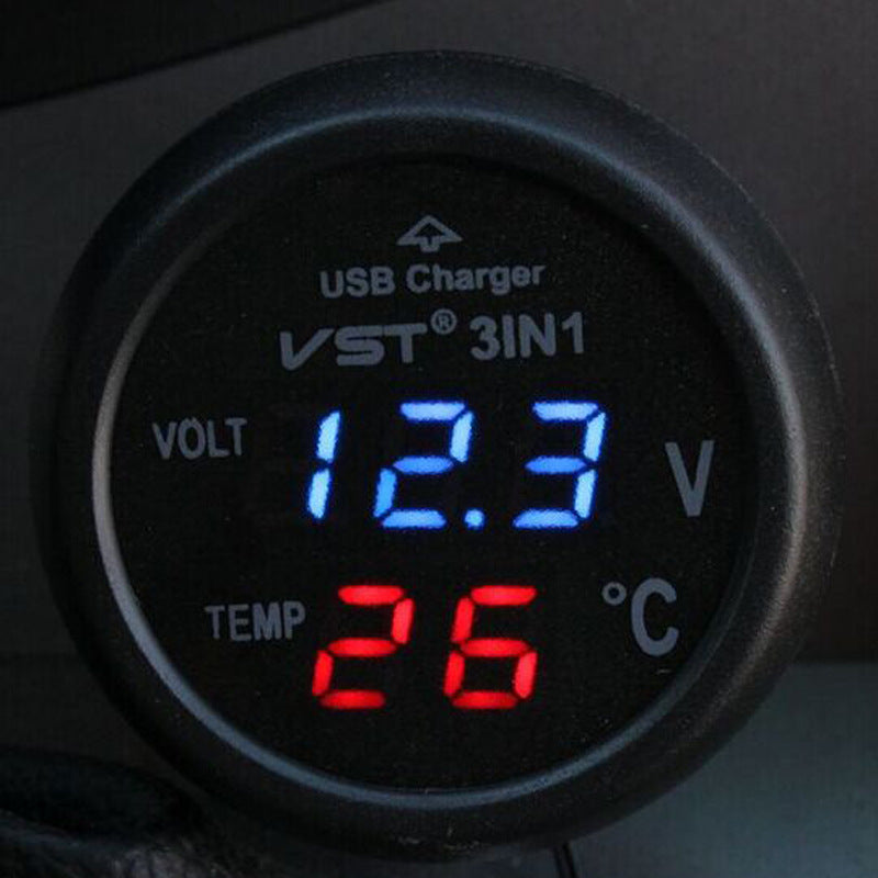 Car USB Charger with Voltage Meter and Thermometer