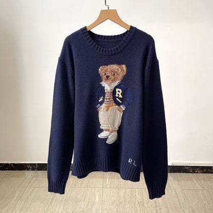 Cartoon Bear Embroidered Wool Cashmere Sweater