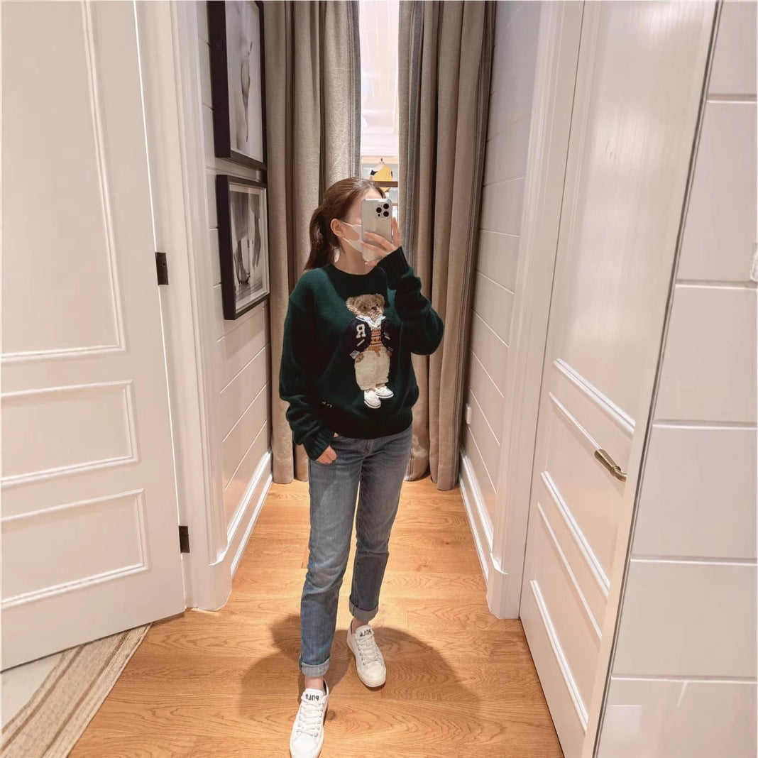 Cartoon Bear Embroidered Wool Cashmere Sweater