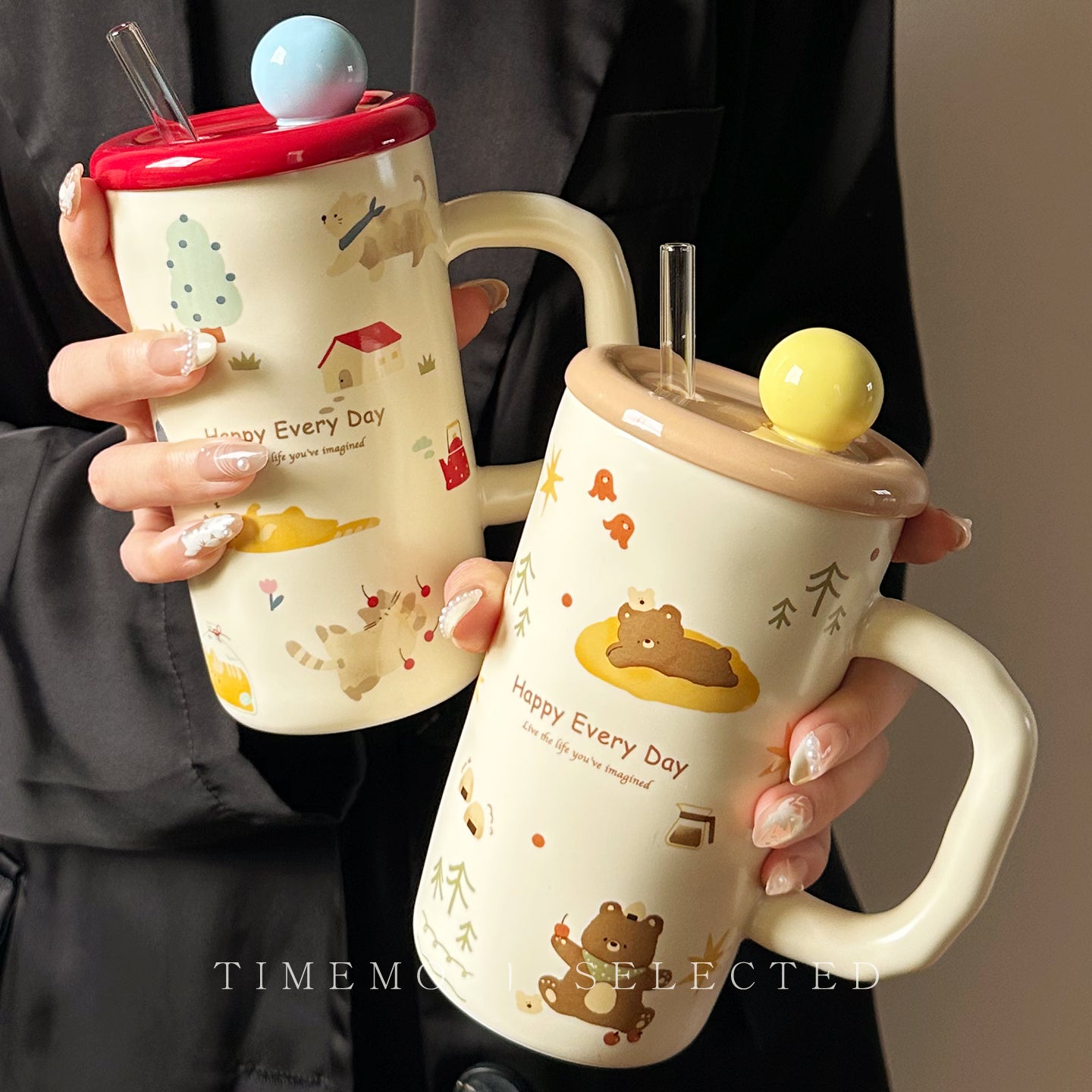 Cartoon Ceramic Straw Mug with Lid and Spoon