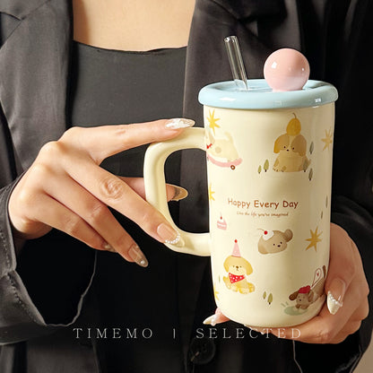 Cartoon Ceramic Straw Mug with Lid and Spoon