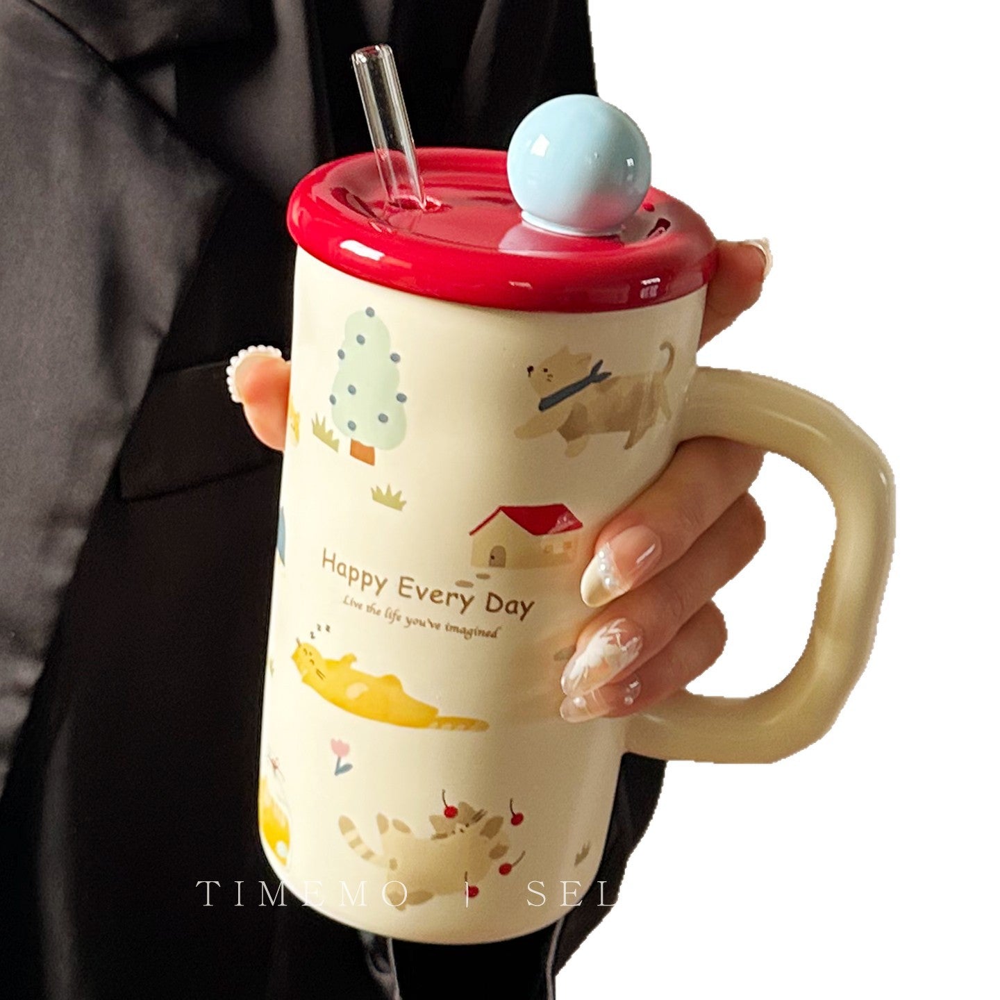 Cartoon Ceramic Straw Mug with Lid and Spoon