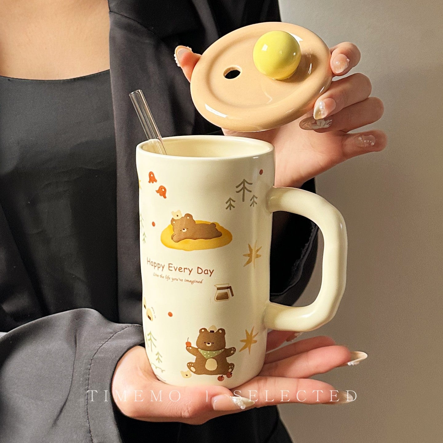 Cartoon Ceramic Straw Mug with Lid and Spoon