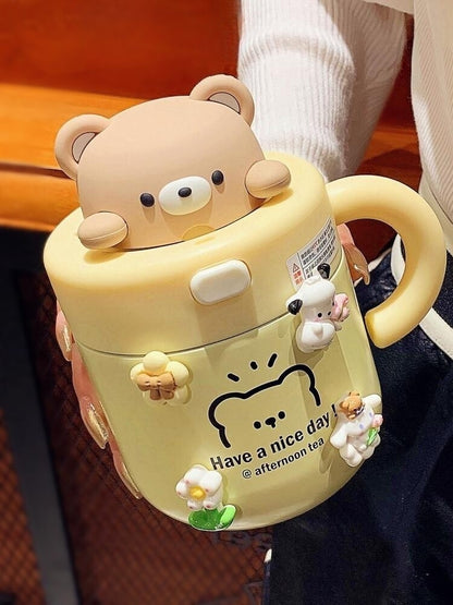 Cartoon Insulated Water Bottle with Straw and Handle
