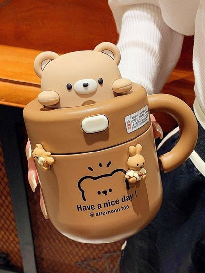 Cartoon Insulated Water Bottle with Straw and Handle