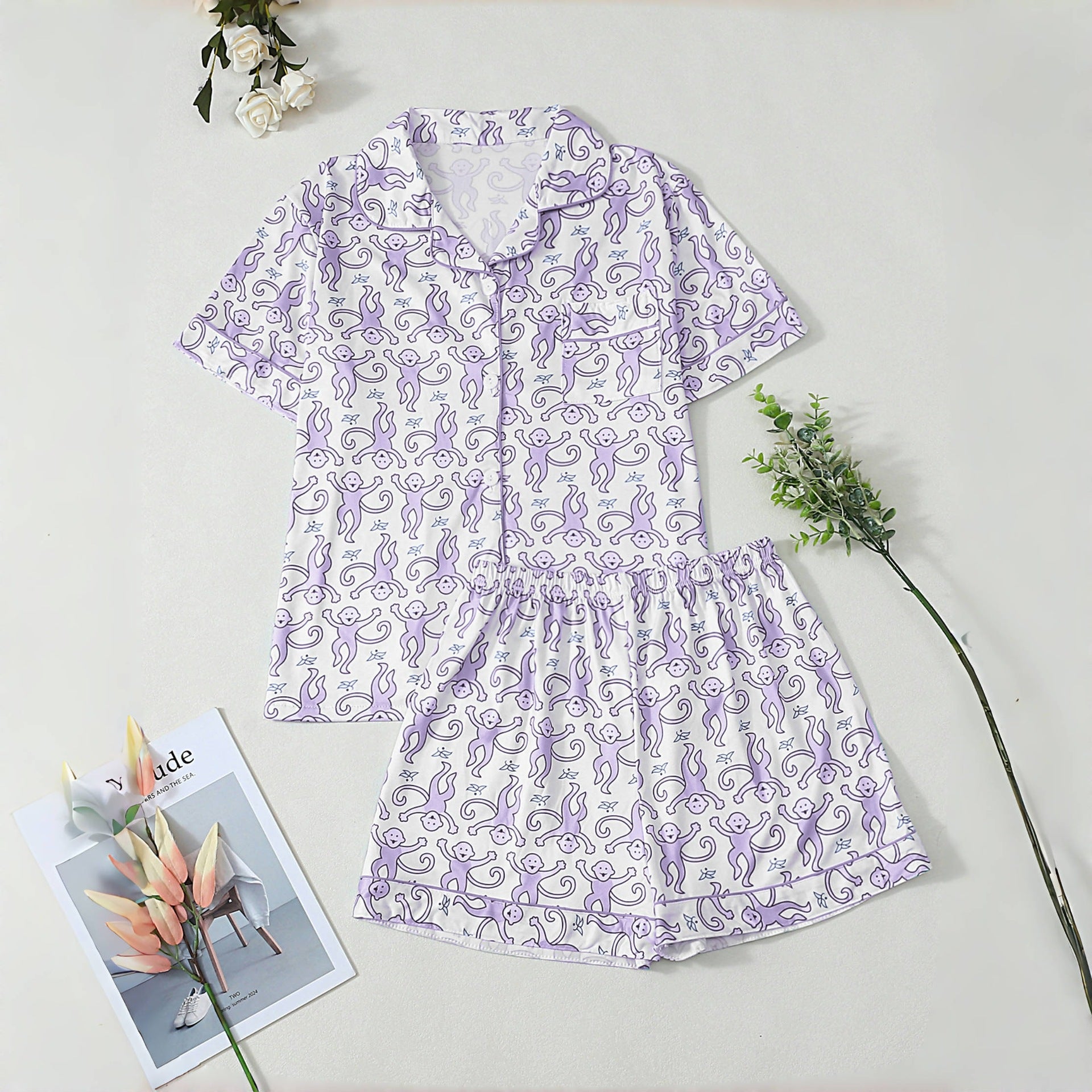 Cartoon Monkey Print Pajama Set