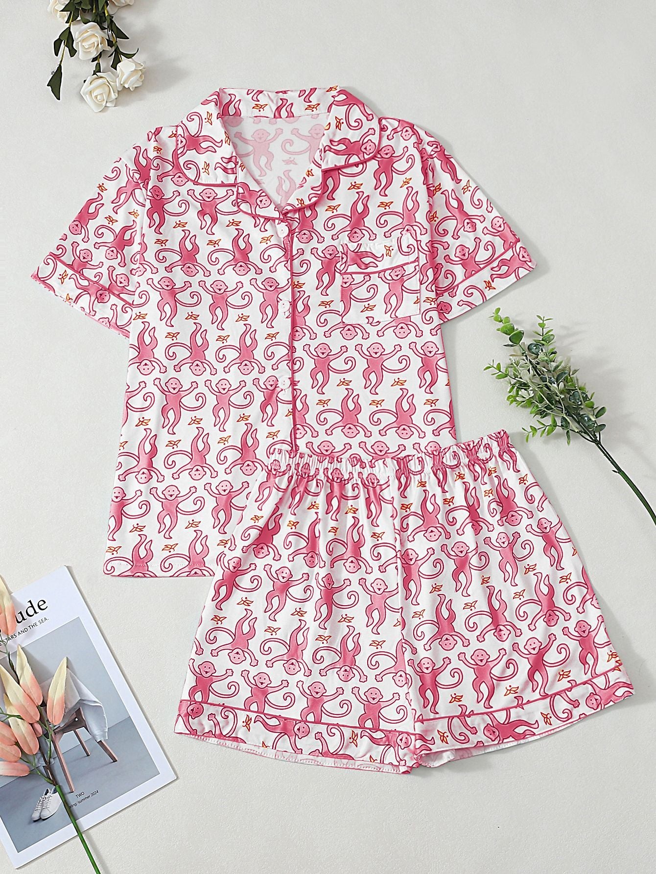 Cartoon Monkey Print Pajama Set