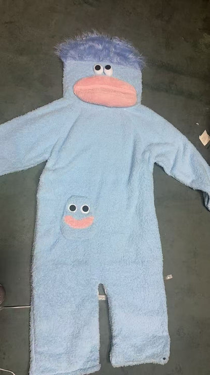 Cartoon Monster Print Kids Fleece Pajamas