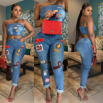 Cartoon patchwork flanged denim set