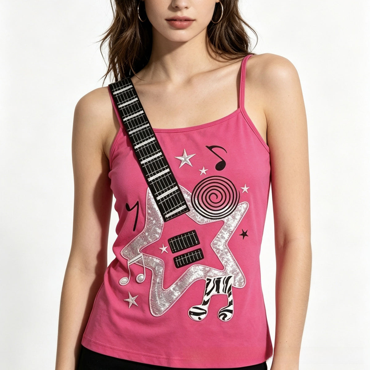 Cartoon Print Slim Fit Crop Top with Suspenders