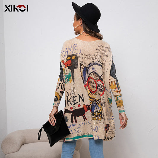 Cartoon-printed loose-fitting knitted sweater