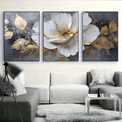 Carved Floating Golden Leaves Flowers Canvas Painting