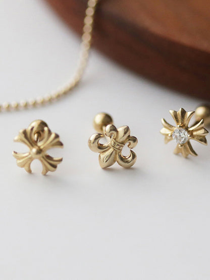 Carved Plain Gold Cross Screw-Back Earrings