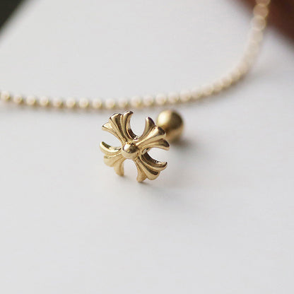 Carved Plain Gold Cross Screw-Back Earrings
